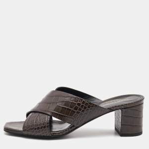 Saint Laurent Dark Brown Croc Embossed Crisscross Loulou Mules Size 38