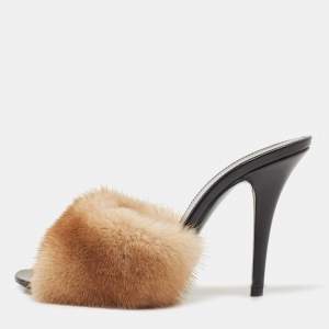 Saint Laurent Beige Mink Fur Roy Slides Size 38.5