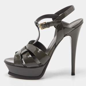 Saint Laurent Grey Patent Leather Tribute Ankle Strap Sandals Size 37