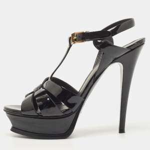 Saint Laurent Paris Black Patent Leather Tribute Platform Ankle Strap Sandals Size 38.5