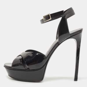 Saint Laurent Black Patent Leather Ankle Strap Sandals Size 39