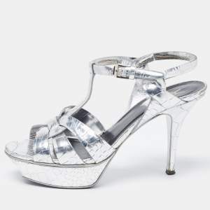 Saint Laurent Silver Croc Embossed Leather Tribute Sandals Size 39