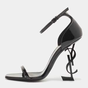 Saint Laurent Black Patent Leather Opyum Ankle Strap Sandals Size 37