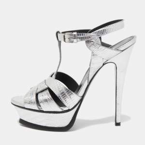 Saint Laurent Silver Lizard Embossed Leather Tribute Sandals Size 37