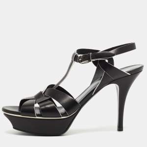 Saint Laurent Black Leather Tribute Ankle Strap Sandals Size 39