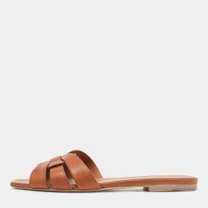 Saint Laurent Brown Leather Tribute Flat Slides Size 38 