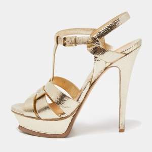 Saint Laurent Gold Leather Tribute Sandals Size 38.5