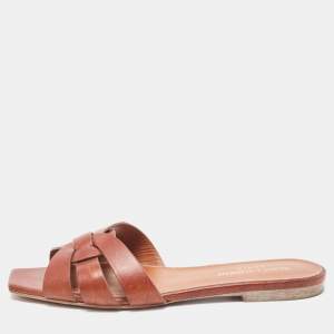 Saint Laurent Brown Leather Tribute Flat Slides Size 36