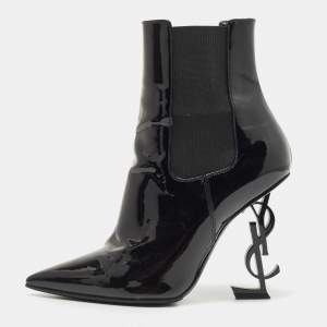 Saint Laurent Paris Black Patent Leather Opyum Pointed Toe Ankle Booties Size 37