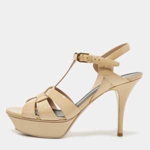 Saint Laurent Beige Patent Tribute Ankle Strap Sandals Size 38