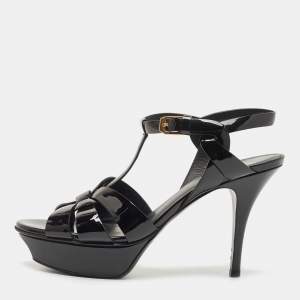 Saint Laurent Black Patent Leather Tribute  Sandals Size 38
