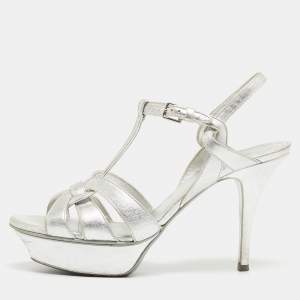 Saint Laurent Silver Leather Tribute  Ankle Strap Sandals Size 39.5 