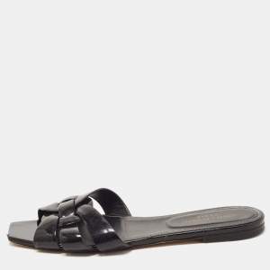 Saint Laurent Black Patent Leather Tribute Flat Slides Size 39.5