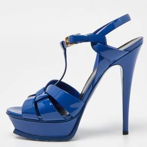 Saint Laurent Blue Patent Leather Tribute Platform Sandals Size 40