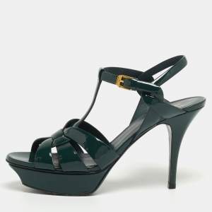 Saint Laurent Green Patent Leather Tribute Platform Ankle Strap Sandals Size 40