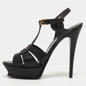 Saint Laurent Paris Black Leather Tribute Platform Ankle Strap Sandals Size 38.5