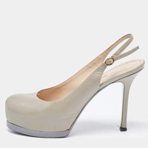 Saint Laurent Grey Leather Tribtoo Slingback Pumps Size 37