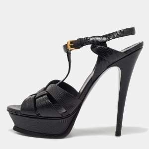 Saint Laurent Black Lizard Embossed Leather Tribute Platform Sandals Size 40