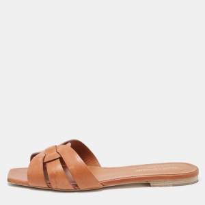 Saint Laurent Brown Leather Tribute Flat Slides Size 37.5