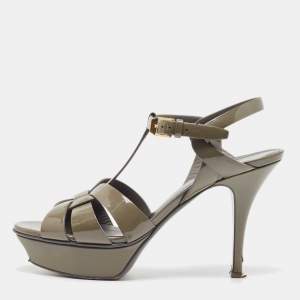 Saint Laurent Grey Patent Leather Tribute Sandals Size 38