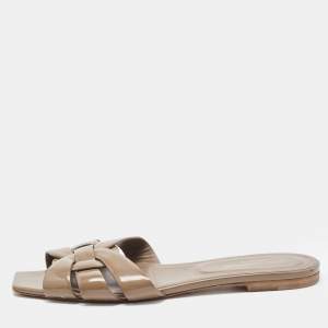 Saint Laurent Brown Patent Leather Tribute Flat Slides Size 40