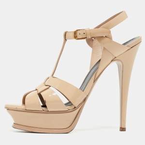 Saint Laurent Paris Beige Patent Leather Tribute Platform Ankle Strap Sandals Size 38