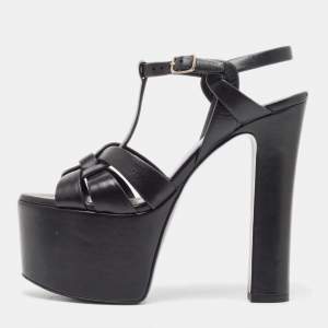 Saint Laurent Black Leather Platform Block Heel Ankle Strap Tribute Sandals Size 38.5