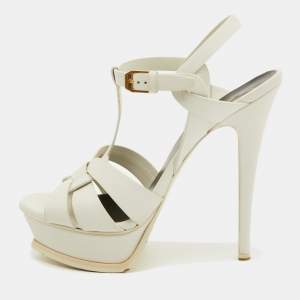 Saint Laurent Off White Leather Tribute Ankle Strap Sandals Size 38