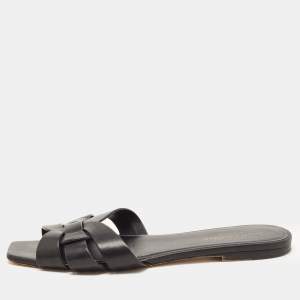Saint Laurent Black Leather Tribute Flat Slides Size 39