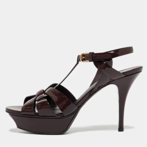 Saint Laurent Burgundy Patent Leather Tribute Sandals Size 37.5