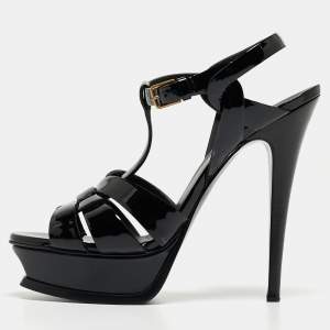 Saint Laurent Black Patent Leather Tribute Sandals Size 38
