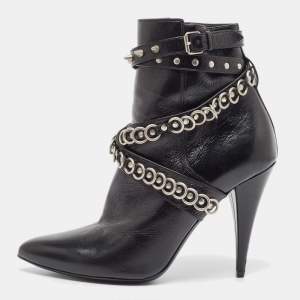 Saint Laurent Black Leather Studded Fetish Ankle Booties Size 39.5