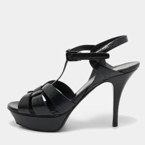 Saint Laurent  Black Leather Tribute  Ankle Strap Sandals Size 39