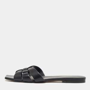 Saint Laurent Black Leather Tribute Flat Slides Size 37.5
