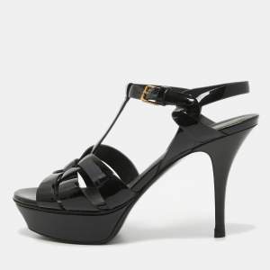 Saint Laurent Black Patent Leather Tribute Sandals Size 36