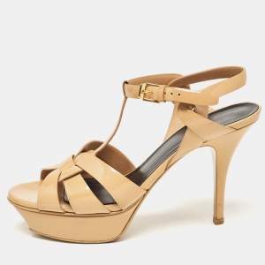 Saint Laurent Brown Patent Leather Tribute Sandals Size 38