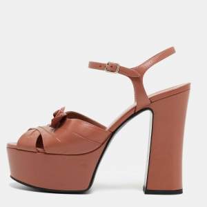 Pre Owned Saint Laurent Pink Leather Candy Bow Ankle Strap Sandals Size 37