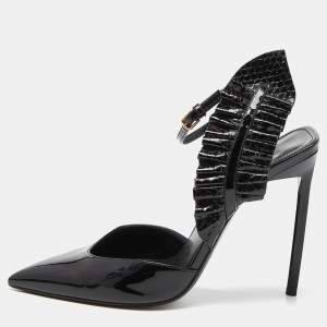 Saint Laurent Black Patent Leather and Watersnake Leather Pointed Toe Slingback Sandals Size 39