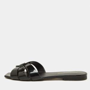 Saint Laurent Black Patent Leather Tribute Flat Slides Size 36