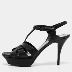 Saint Laurent Paris Black Leather Tribute Ankle Strap Sandals Size 39.5