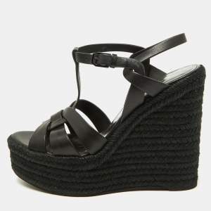 Saint Laurent Black Leather Tribute Espadrilles Wedge Sandals Size 38