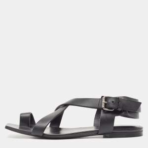 Saint Laurent Black Leather Toe Ring Slingback Flat Sandals Size 38