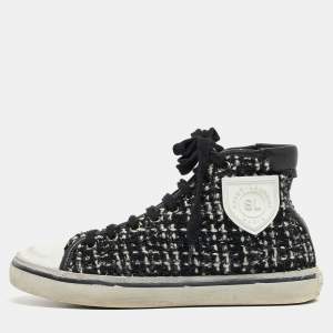 Saint Laurent White/Black Tweed and Leather Bedford High Sneakers Size 36