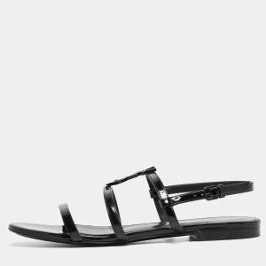 Saint Laurent Black Patent Leather Cassandra Flat Sandals Size 36