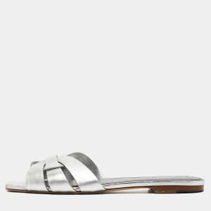 Saint Laurent Silver Leather Tribute Flat Slides Size 40