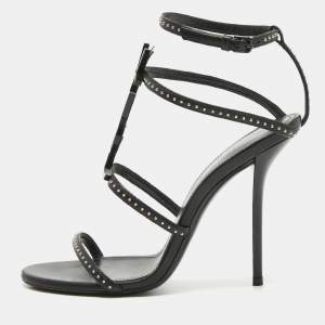 Saint Laurent Black Studded Leather Cassandra Ankle Strap Sandals Size 36