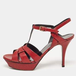 Saint Laurent Paris Red Textured Leather Tribute Platform Ankle Strap Sandals Size 41