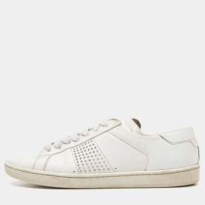 Saint Laurent White Leather Crystal Embellished Low Top Sneakers Size 38.5