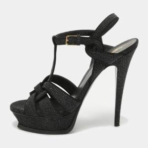 Saint Laurent Black Textured Suede Tribute Ankle Strap Sandals Size 40.5
