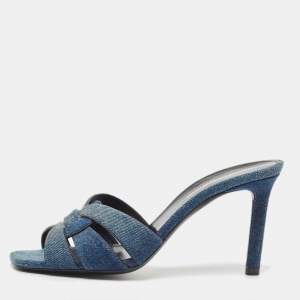 Saint Laurent Blue Denim Tribute Slide Sandals Size 37